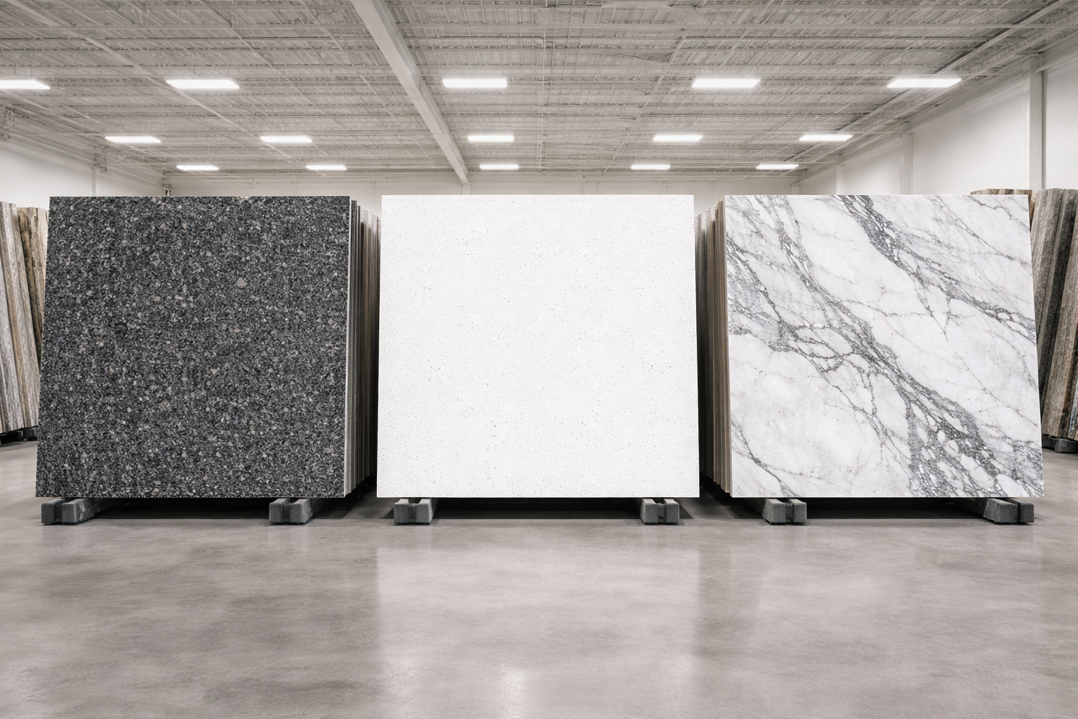 Side-by-side-comparison-of-granite-quartz-and-marble-slabs-at-Pack-Universe-Supply-wholesale-warehouse-Charleston-SC