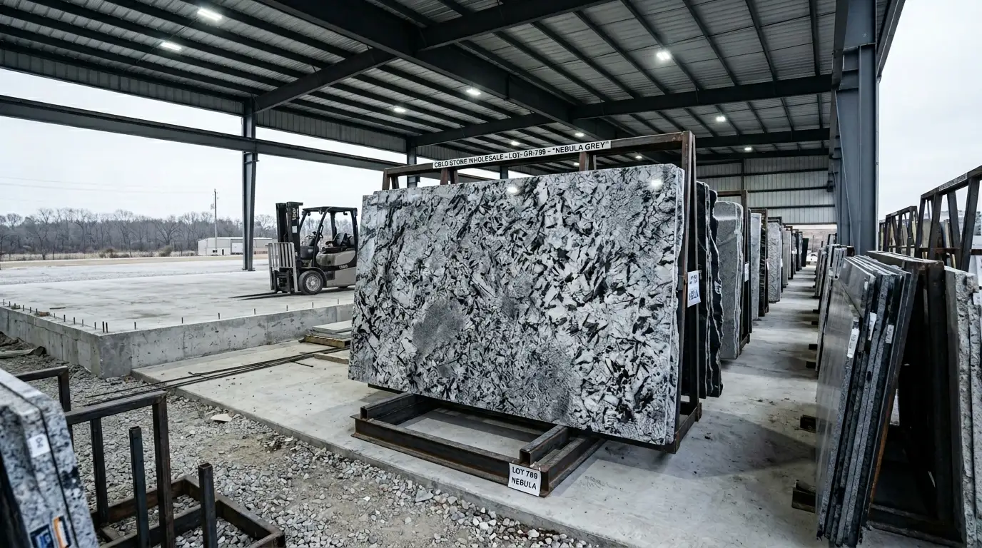 : granite slab outdoor installation B2B commercial setting cool LED lighting]