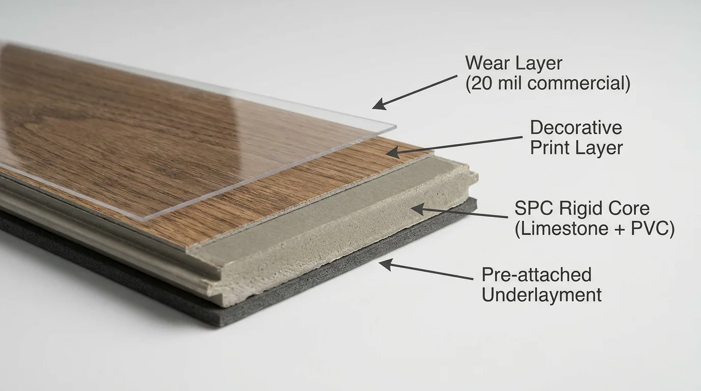 SPC flooring construction layers wear layer core structure contractor 2026