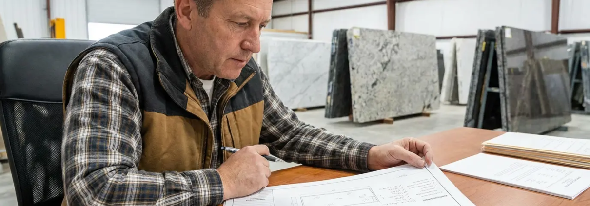 contractor reviewing stone countertop specification before ordering mistakes to avoid