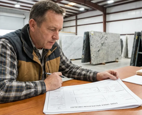contractor reviewing stone countertop specification before ordering mistakes to avoid