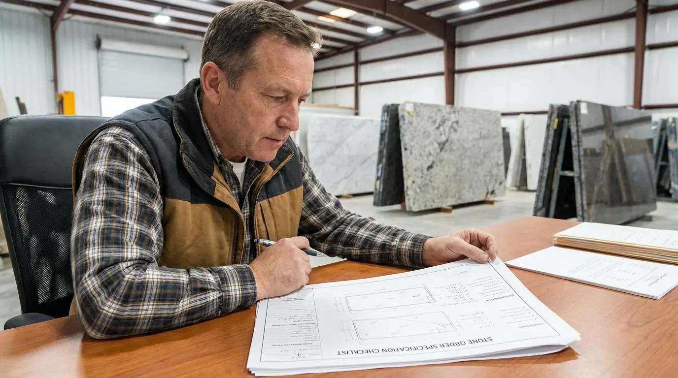 contractor reviewing stone countertop specification before ordering mistakes to avoid