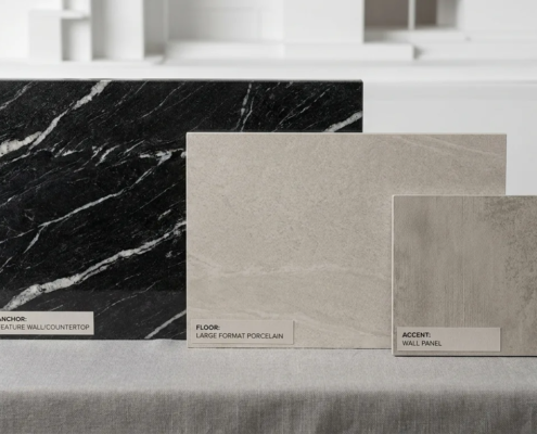 coordinated stone palette open-concept commercial interior contractor specification 2026