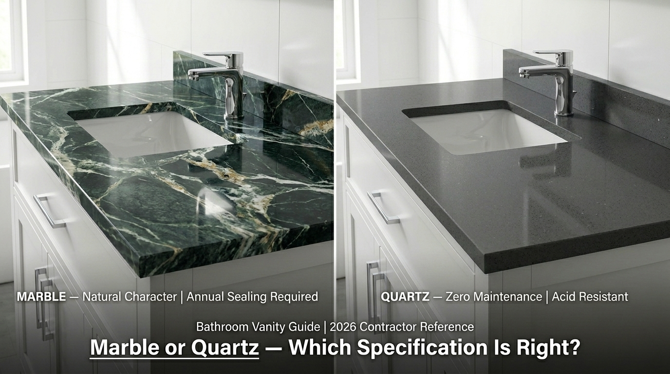 marble vs quartz bathroom vanity tops contractors specify 2026 wholesale stone guide