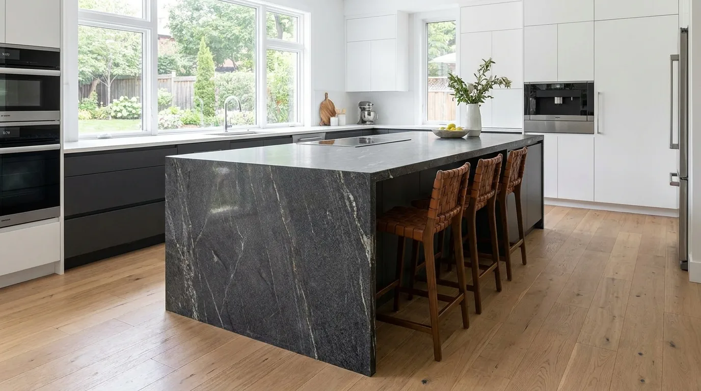 waterfall edge profile luxury residential kitchen island contractor specification 2026 stone