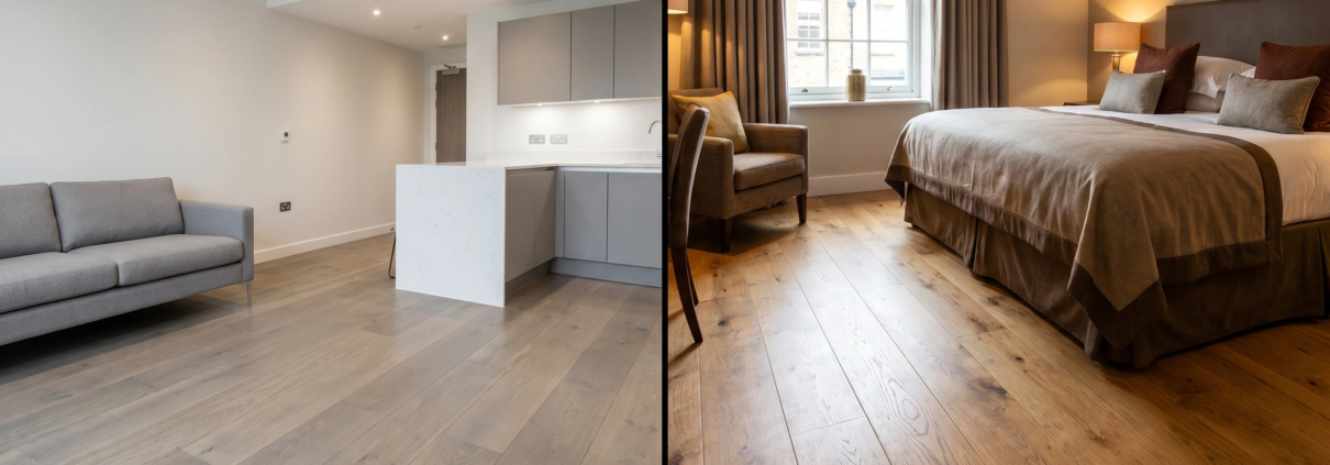 greige BTR apartment warm oak hotel room wood flooring commercial specification 2026