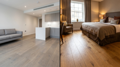 greige BTR apartment warm oak hotel room wood flooring commercial specification 2026