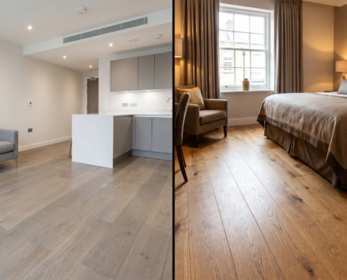 greige BTR apartment warm oak hotel room wood flooring commercial specification 2026