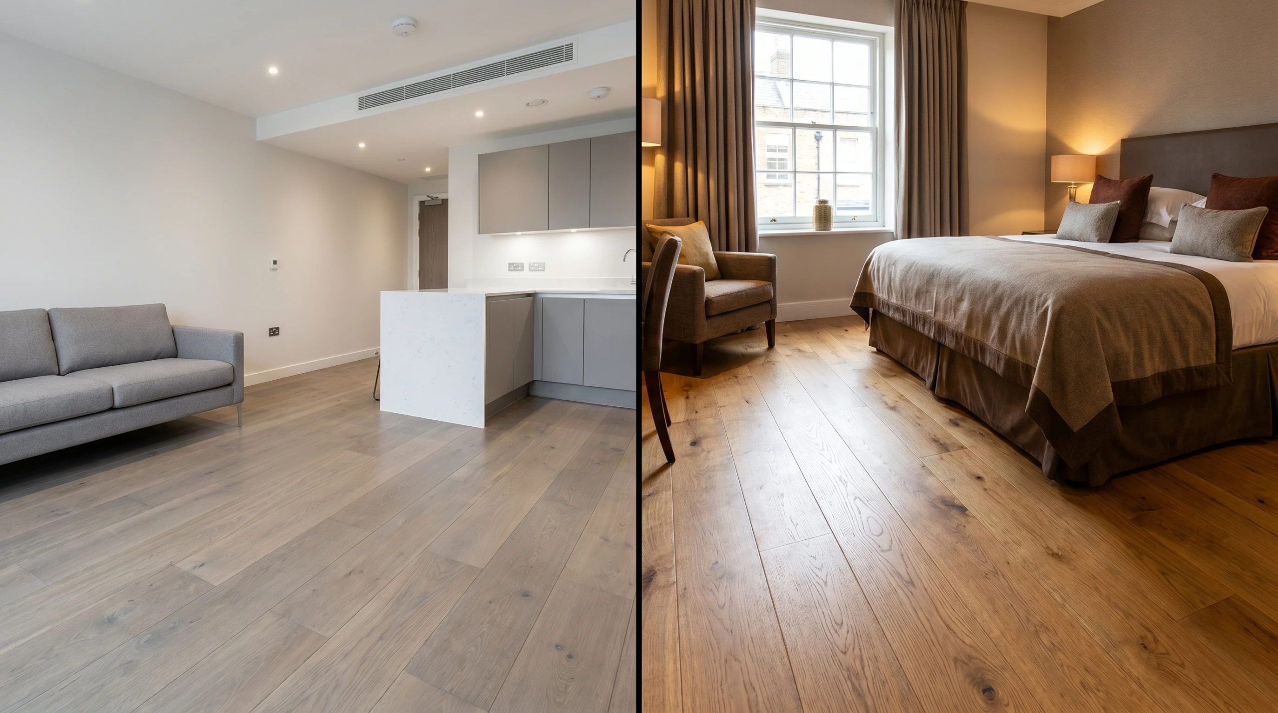 greige BTR apartment warm oak hotel room wood flooring commercial specification 2026