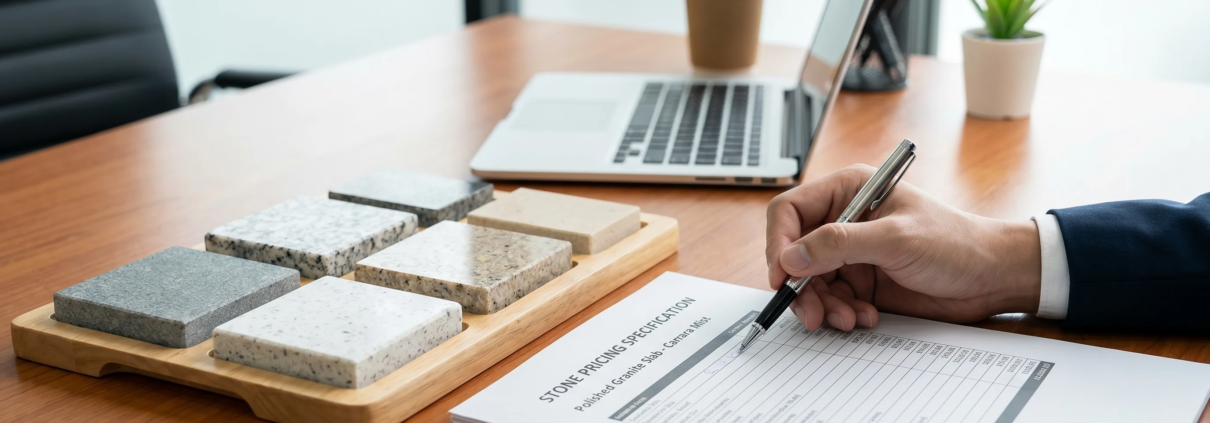 stone contractor reviewing wholesale quote document slab samples 2026