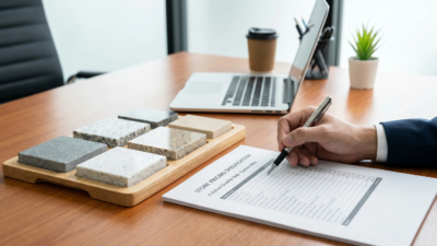 stone contractor reviewing wholesale quote document slab samples 2026