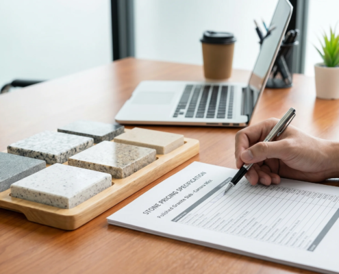 stone contractor reviewing wholesale quote document slab samples 2026
