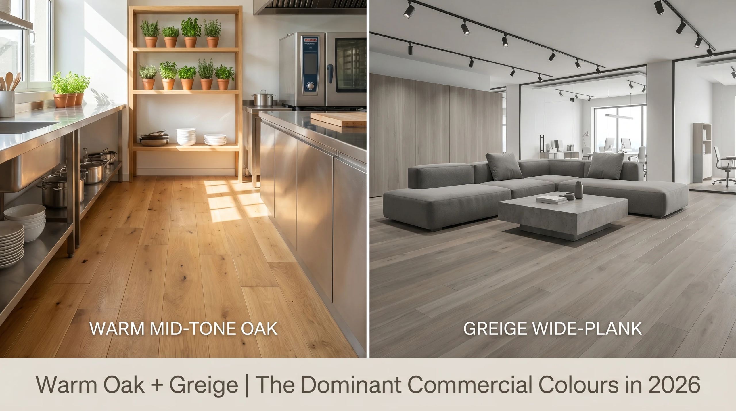 warm oak greige wood flooring commercial interior 2026 contractor specification